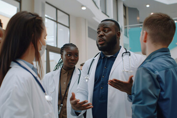 Serious Medical Boss Speaking to Clinic Staff in Office Hall