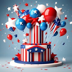 American independence day in 3d render celebration banner design of American flag and balloon with gift box 3d render.