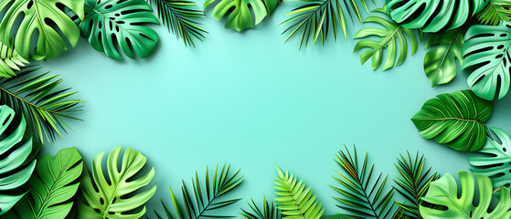A tropical tapestry of green, where palm leaves and floral patterns frame the essence of summer against a vibrant backdrop - obrazy, fototapety, plakaty