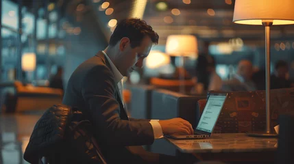 Fotobehang A businessman poring over spreadsheets on his laptop in a quiet corner of a bustling airport lounge. © Finn