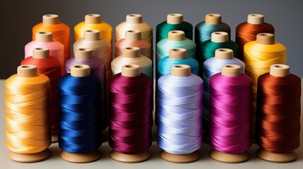A colorful array of sewing threads, spools neatly lined up showcasing a rainbow of colors, set again