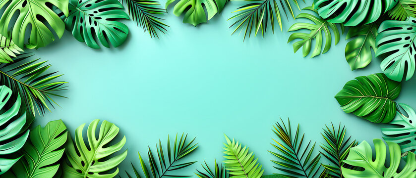 A tropical tapestry of green, where palm leaves and floral patterns frame the essence of summer against a vibrant backdrop