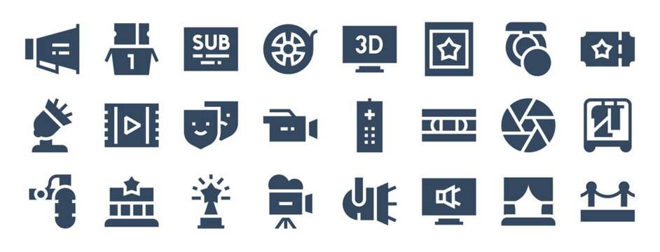 set of 24 cinema web icons in glyph style such as subtitles, remote control, award, sound, carpet, shutter. vector illustration.