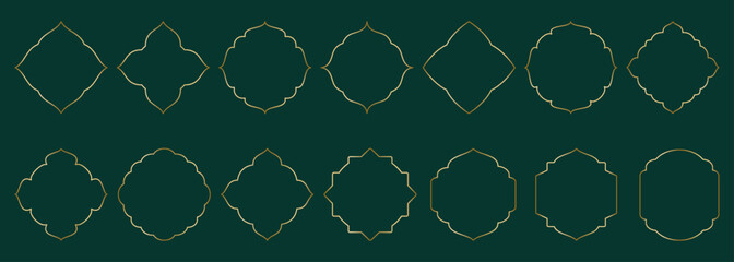 Gold geometric thin frame, round and square shapes Islamic window, arabesque Arabic rhombus. Luxury set in oriental style. Frames in Arabic Muslim design vector illustration