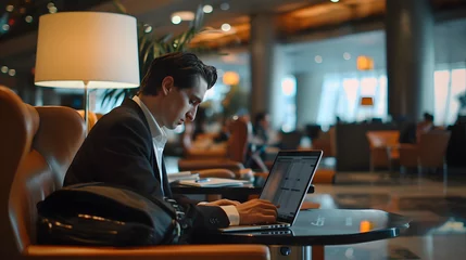 Fotobehang A businessman poring over spreadsheets on his laptop in a quiet corner of a bustling airport lounge. © Finn