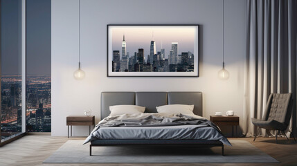 A modern bedroom with a blank white empty frame, showcasing a minimalist, black and white photograph of a city skyline at night.