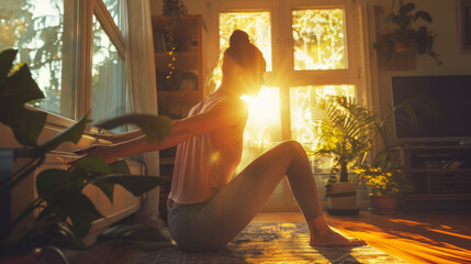 woman stretching in sunlight, home interior