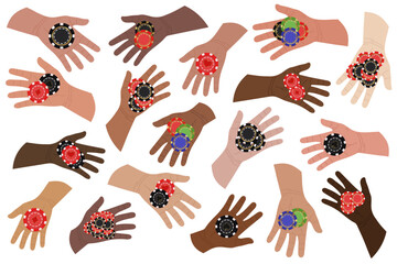 Flat vector illustration for casino. Set of illustrations: hands holding playing chips of different colors.