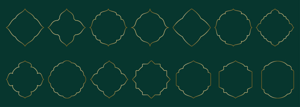 Gold geometric thin frame, round and square shapes Islamic window, arabesque Arabic rhombus. Luxury set in oriental style. Frames in Arabic Muslim design vector illustration