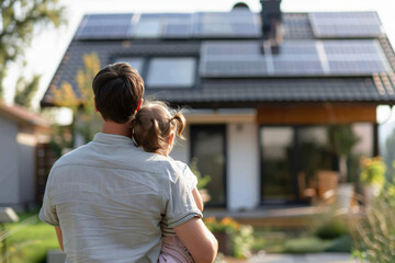 Dad Holding Daughter, Showing House with Solar Panels. Generative AI.