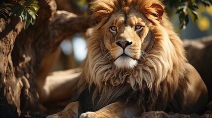 Fototapeta premium A majestic lion resting in a zoo habitat, focus on the lion and naturalistic enclosure, symbolizing