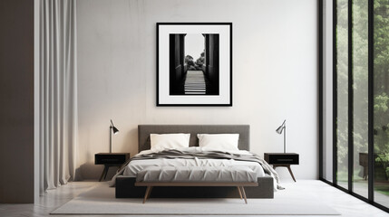 A modern bedroom with a blank white empty frame, showcasing a minimalist, black and white architectural photograph that exudes sophistication.