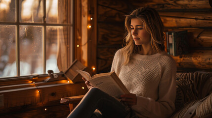 woman reading by window, rustic wooden cabin