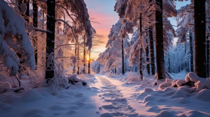 A twilight scene in a winter forest, the blue hue of the snow contrasting with the warm glow of the