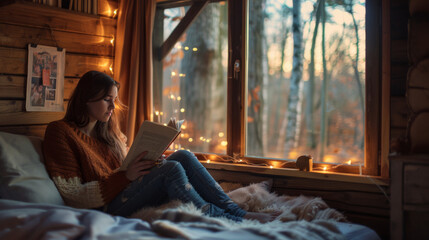 woman reading by window, rustic wooden cabin