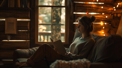 woman reading by window, rustic wooden cabin - Powered by Adobe