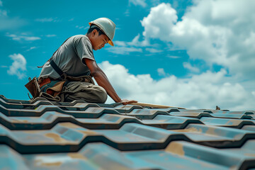 Roofing worker installing roofing tiles on house roof. Roofing construction. - obrazy, fototapety, plakaty