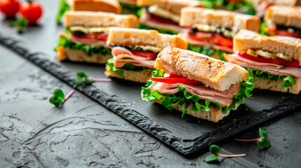 A set of mini sandwiches on a board in a restaurant.