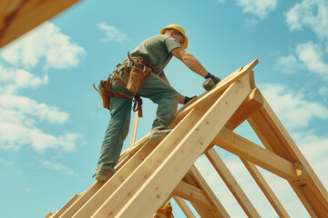 Worker on a roof of a wooden house with a screwdriver