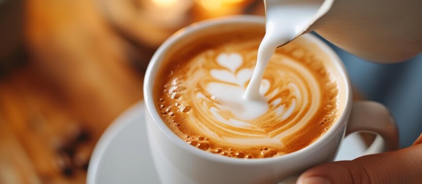 Close-up of a person delicately pouring creamy milk into a steaming cup of aromatic coffee