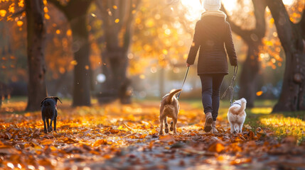 person walking dogs in autumn park - obrazy, fototapety, plakaty