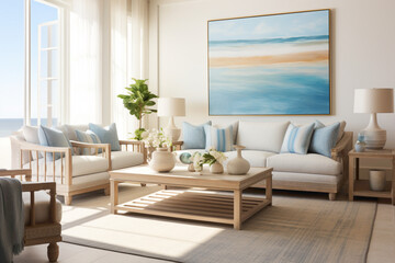 A modern haven in nautical hues, where ocean blues and sandy neutrals converge, creating a serene living room bathed in the warm glow of summer sunlight