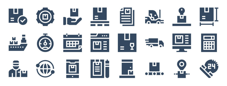 set of 24 logistics web icons in glyph style such as box, box, smartphone, conveyor belt, hours, tracking. vector illustration.