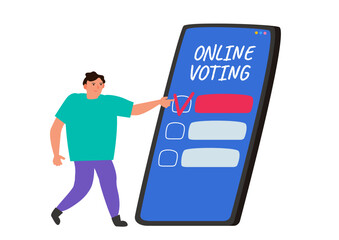 online voting man using smartphone vote app vector illustration