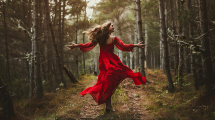 woman in red celebrating freedom in a forest