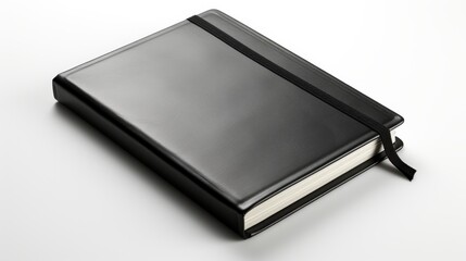 A sleek notebook with a smooth black cover and crisp, unmarked pages, resting on a pristine white su
