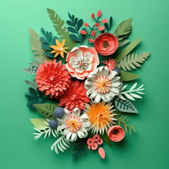 Bouquet of Paper Flowers on Green Background