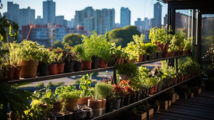 Fototapeta na wymiar A balcony garden in a modern apartment building, pots of herbs and small vegetables thriving, the ci