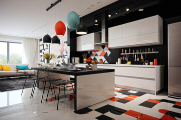 A modern kitchen design characterized by a minimalist black and white theme with occasional bursts of bright, lively colors.