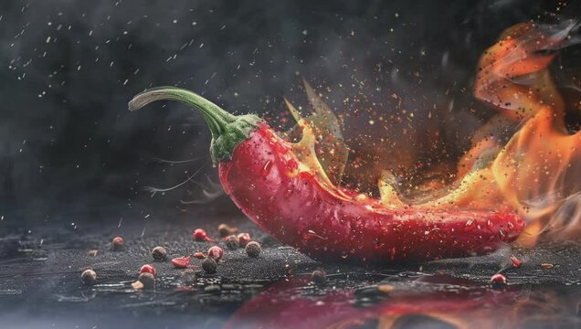 Red chili pepper in burning with fire