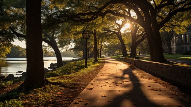 A jogging path winding through a city park, the trees on either side highlighted by the rising sun,