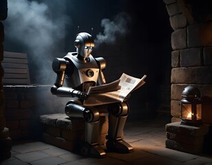 A fictional character, programmed as a robot musician, sits on a bench reading a newspaper. The machine is surrounded by darkness, yet still enjoys the art of music and entertainment