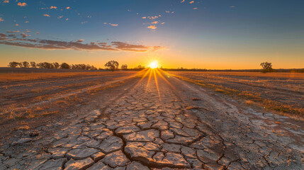 cracked earth road at sunset,