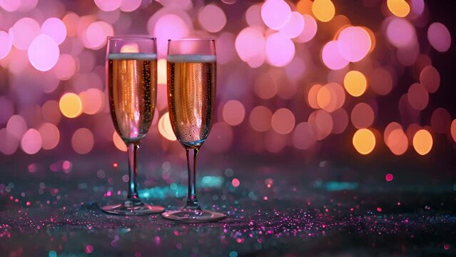 Champagne Toast Celebration, Two champagne glasses with sparkling bokeh lights pastel colors. Abstract Background And Defocused Bokeh Lights Festive sparkling water 4k video