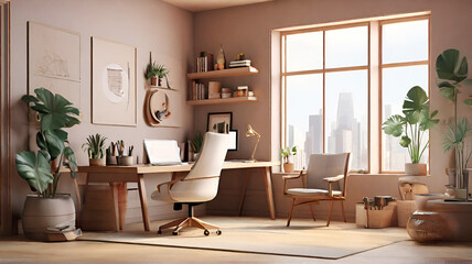 Fototapeta premium Modern Office Space Interior Design. White walls with light wood desk and accents, with minimal accessories, and clean lines. 