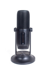 Modern and elegant black design microphone for streaming and gaming isolated  on white background. Technology and entertainment.