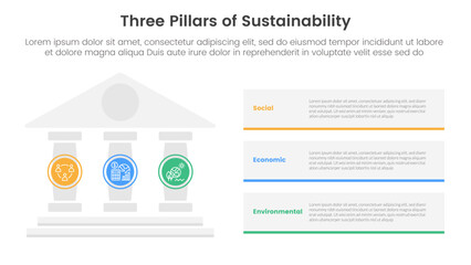 three pillars sustainability framework with ancient classic construction infographic 3 point stage template with pillars on left and rectangle box stack for slide presentation - obrazy, fototapety, plakaty