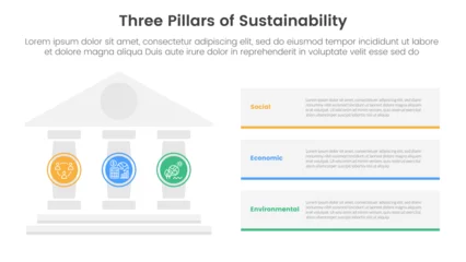 Fotobehang three pillars sustainability framework with ancient classic construction infographic 3 point stage template with pillars on left and rectangle box stack for slide presentation © ribkhan