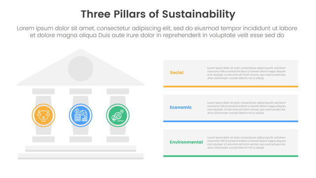 three pillars sustainability framework with ancient classic construction infographic 3 point stage template with pillars on left and rectangle box stack for slide presentation