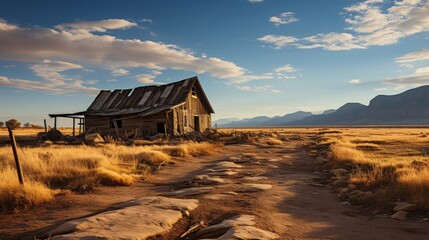 A lone desert outpost, a small shelter providing respite from the expansive, arid surroundings, the