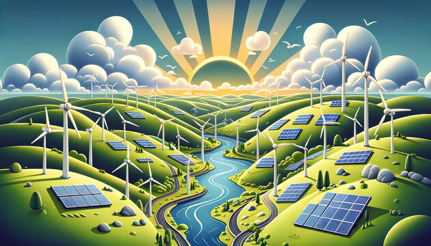 A stylized renewable energy landscape with wind turbines and solar panels, hills, a river and a brilliant sunrise with scattered clouds.The concept of eco-friendly solutions.AI generated.