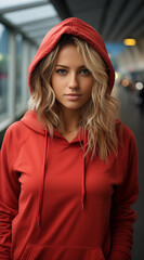 Mock Up Design of a beautiful female model wearing a red hoodie. Suitable for designing patterns on clothing, logos, stickers or other advertisements.