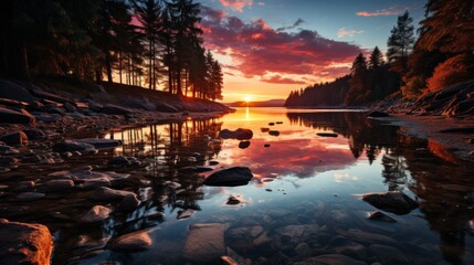 A serene alpine lake at sunset, the sky ablaze with colors, the silhouettes of pine trees framing th - obrazy, fototapety, plakaty