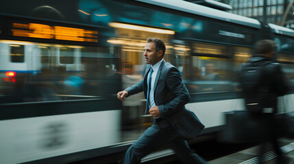 A businessman sprinting to catch a train his face a picture of focus and determination. - obrazy, fototapety, plakaty