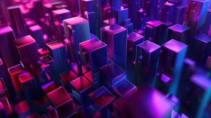Abstract 3d rendering of cityscape. Futuristic background with neon glowing cubes, ai generative