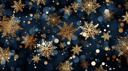 Beautiful winter background with elegant gold and navy snowflakes and copy space for designs